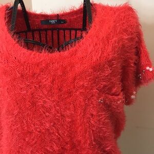 NWOT Parisienne Fancy Short Sleeve Red Sweater Top with Pearls & Rhinestone Trim